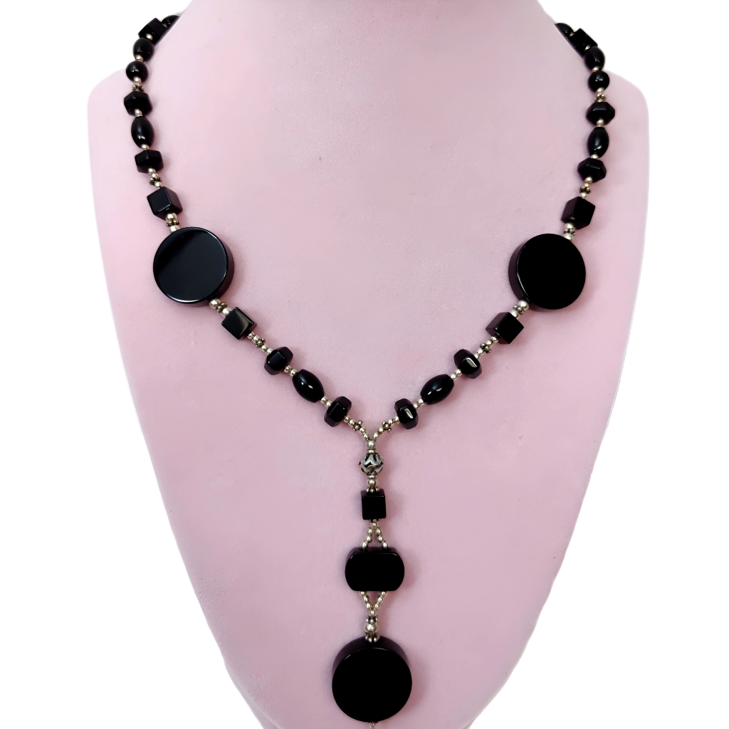 Vintage Sterling Silver Black Onyx Circle Disk Multi Bead Y Drop Necklace 18"